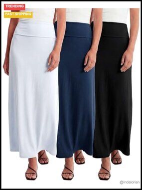 3 Pack Maxi Skirts Women Long Flowy High Waisted Stretchy Polyester Spandex
